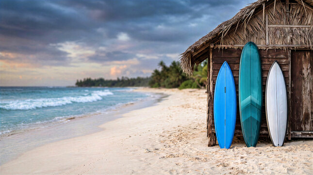 Three colorful surfboards leaning against thatch wooden hut on tropical sandy beach. Ocean shoreline, surfing destination, coastal vacation, watersports lifestyle and summer travel concept