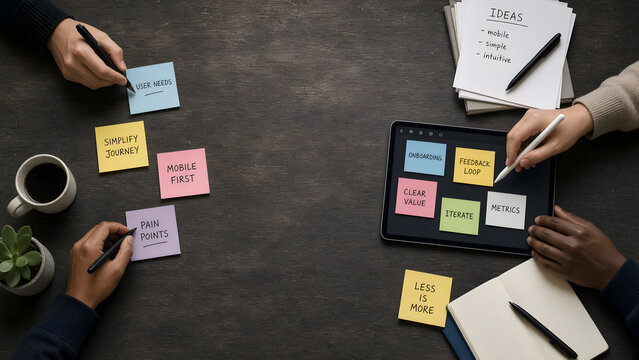 Overhead flat lay of collaborative brainstorming with diverse hands, sticky notes and tablet, natural imperfections and film grain