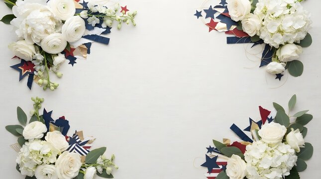Patriotic floral frame with white roses and red white and blue stars on a white background