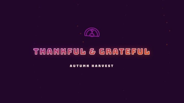 Thankful and Grateful text on plum background with floating particles