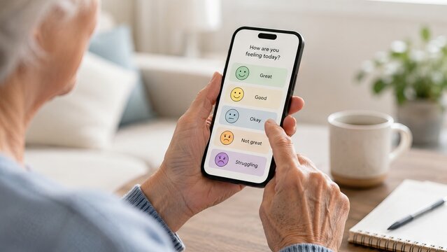 Senior woman using smartphone mood tracking app to monitor daily emotions and mental health at home. Digital wellness, self care, emotional awareness and psychological support concept