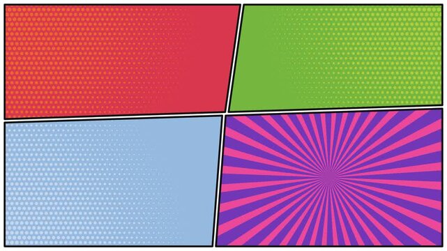 Dynamic Retro Comic Book Style Background Layout with Four Vibrant Panels, Featuring Halftone Dot Patterns and Radial Pop Art Lines