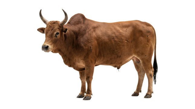 Brown bull standing isolated on white background.