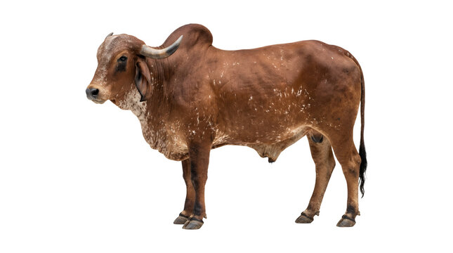 Brown zebu bull standing on a white background.