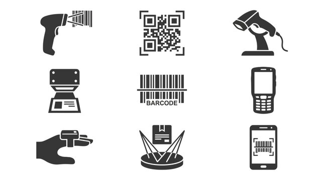 Barcode and QR code scanning technology icons.