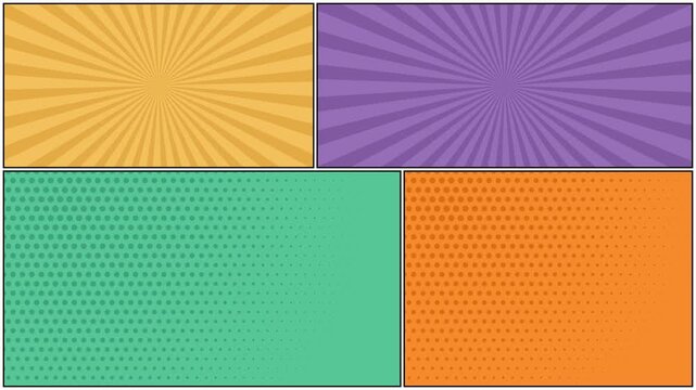 Colorful comic book background panels featuring vibrant sunburst patterns and halftone dot gradients for creative storytelling layouts