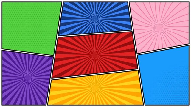 Comic book page layout with empty panels and colorful halftone backgrounds for retro storytelling