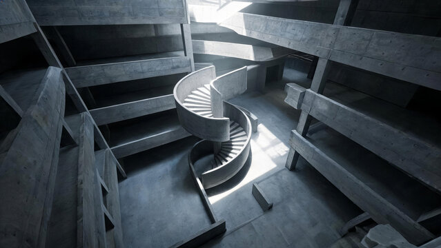 A raw concrete spiral staircase sits in the multi-level atrium of a brutalist interior building, with directional light casting sharp shadows.