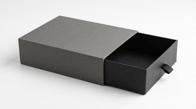 Open empty dark grey drawer gift box with a fabric pull tab