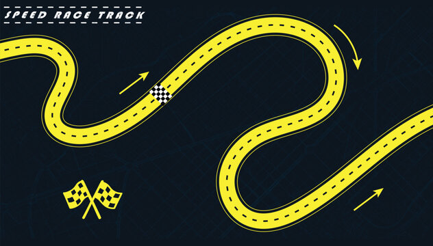 Road track or Race track in yellow color isolated on dark background with a street map.