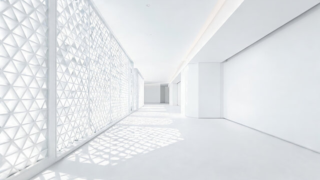 A bright, empty modern interior corridor with a geometric partition wall, showcasing clean architectural design.