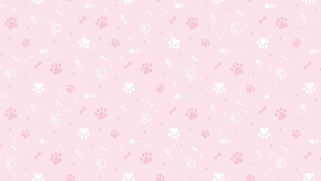 Soft pink background with playful pet symbols. White paw prints, bones, and hearts scatter gently. Pattern repeats evenly across the entire image. Ideal for pet-themed products or children's designs