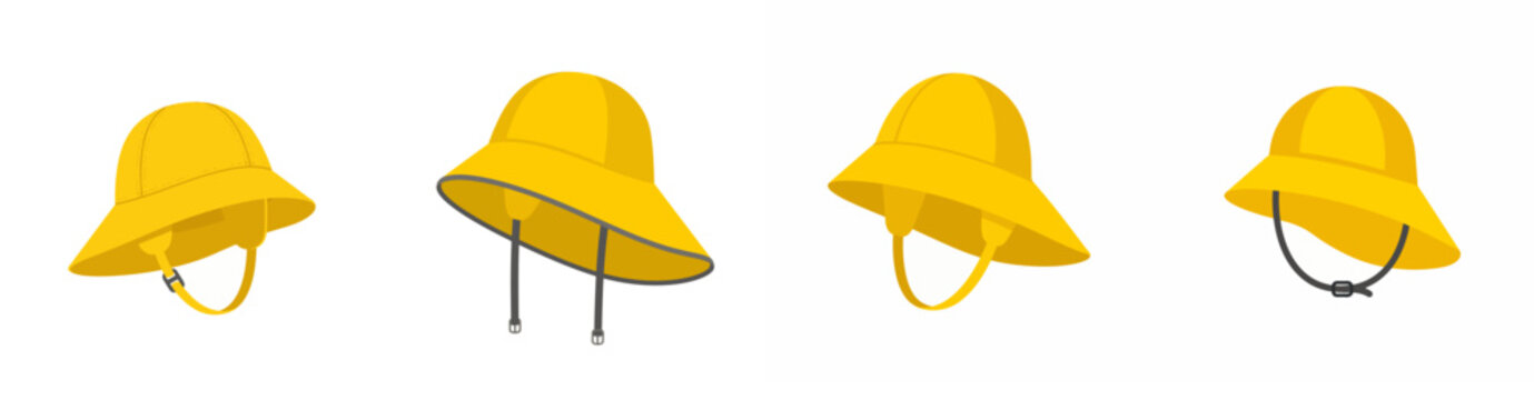 Set of yellow waterproof fisherman rain hats isolated on white background