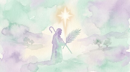 Naklejka premium Christmas watercolor illustration of shepherd walking through a peaceful landscape beneath the guiding star. Nativity story, faith, hope, and holiday greeting card concept