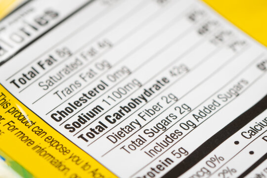 Nutrition facts label on a packaged instant noodle ramen, highlighting high sodium content.