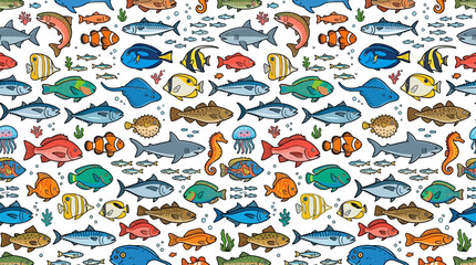 Naklejka premium vibrant underwater scene with various colorful fish sharks and jellyfish