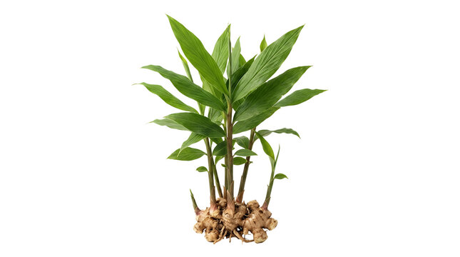 Fresh growing ginger plant with green leaves and rhizome.