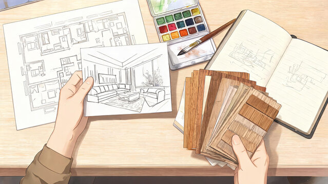 An interior designer holds a room sketch and wood samples, with floor plans, watercolors, and notebooks on a workspace table.