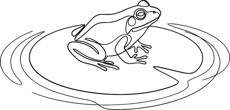 Minimalist continuous line art frog on lily pad, elegant single line toad vector illustration, zen pond wildlife drawing