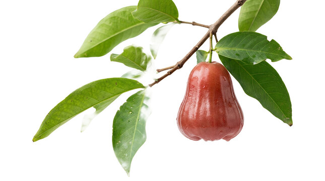 Fresh red rose apple hanging on tree branch with green leaves.
