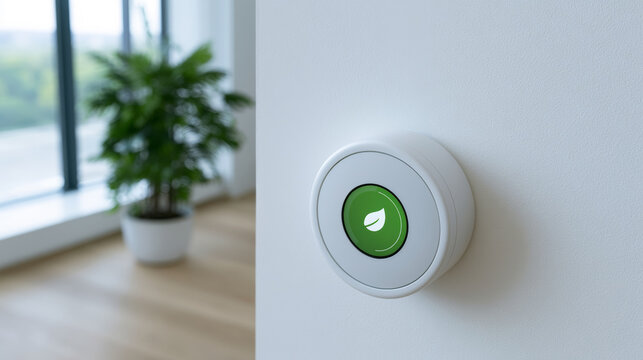 Close-up of a smart temperature control button with a green leaf icon on a wall