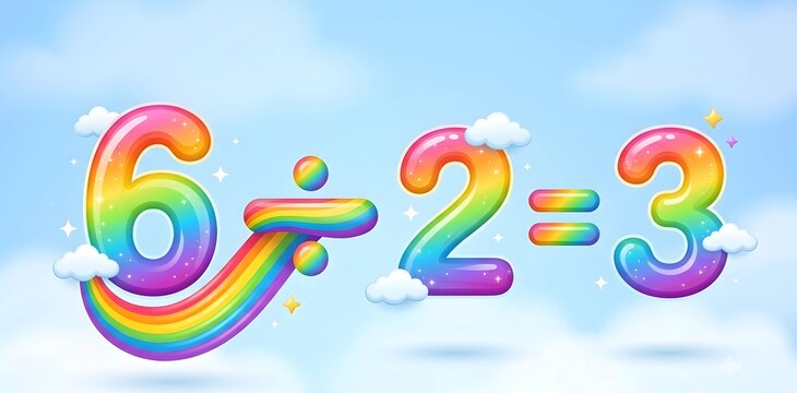 3D Colorful Rainbow Math Equation 6 Divided by 2 Equals 3 with Rainbow Division Line