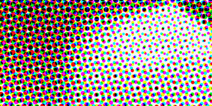 A vibrant digital abstract pattern featuring colorful halftone dots transitioning from dense dark to light