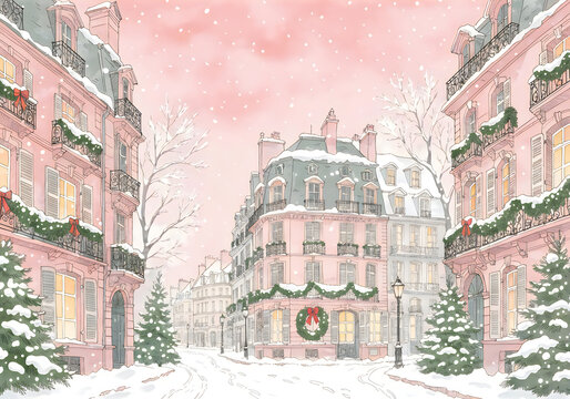 Beautiful winter street in paris with pink sky and snow on buildings and trees