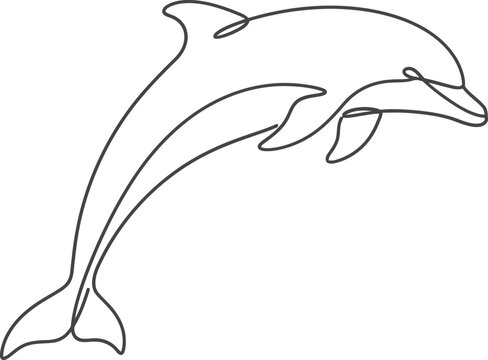 Minimalist dolphin continuous line art, jumping sea mammal vector illustration, elegant aquatic animal outline for logo design