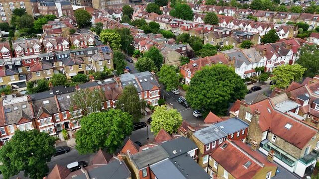Terraced houses with slate roofs and small rear gardens surround a mature street tree in a quiet west London residential block