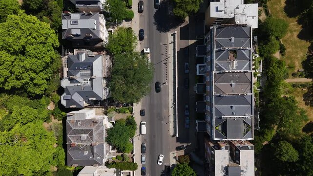 Rows of slate roofs, chimney stacks and rear gardens line a leafy residential street seen from directly above