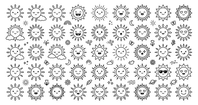 Cute Sun Emoticon Characters Line Art Vector Bundle