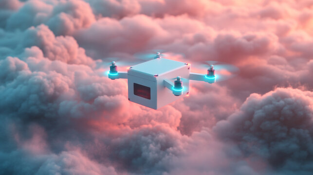 White delivery drone flying through a pink sea of clouds at sunset
