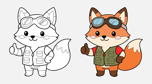 Cute Fox Aviator Explorer Character Thumbs Up Outline and Colored Set
