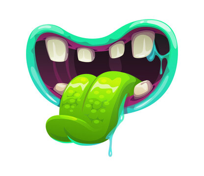 Cartoon monster mouth with sharp fangs and green blistered tongue. Vector green lips on scary grin. Spooky face expression with blue slimy drool for Halloween holiday party
