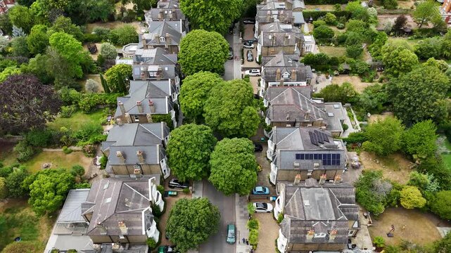 Top down view of large detached and semi detached houses with rear gardens along a leafy suburban street