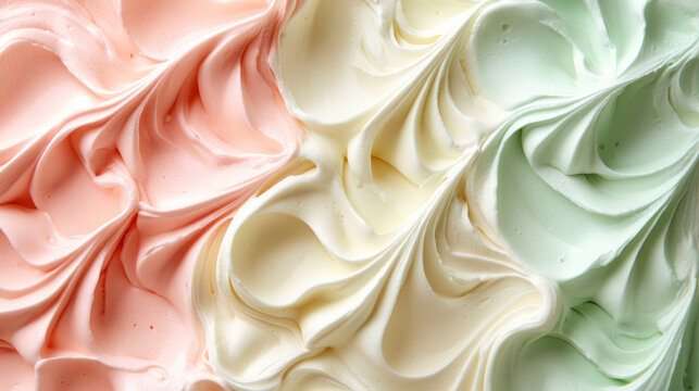 Close-up of pink, white, and green cream ice cream swirl