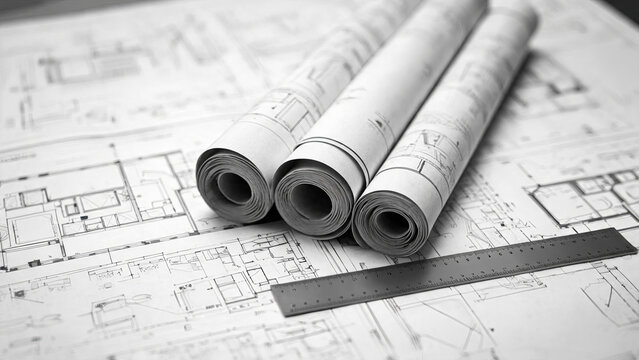 Rolled architectural blueprints rest on flat technical drawings, with a metal ruler placed alongside for measurement and drafting work.