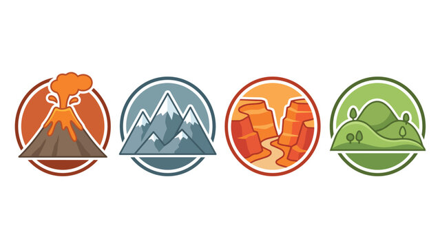 Natural landscape icon set with volcano and mountains