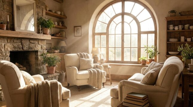 Sunlit rustic living room with stone fireplace and arched window.
