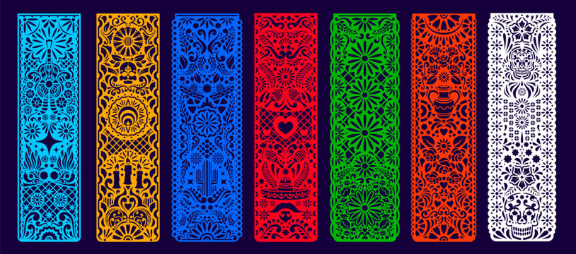 Mexican paper cut borders and holiday papel picado frames with ornaments. Mexican banners and Mexico fiesta decorations of papel picado flags with cutout Calavera skull, sombrero, moustache and cactus