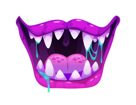 Cartoon monster mouth with sharp white fangs and blue dripping slime saliva. Vector Halloween holiday face with evil grin and vampire teeth, pink spotted tongue, and slimy drool for scary character