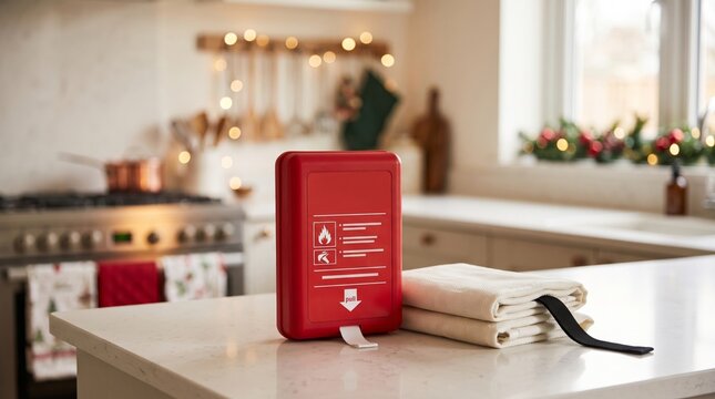 Fire blanket stored beside a kitchen fire extinguisher during Christmas holiday preparation. Home safety equipment for seasonal cooking and emergency readiness