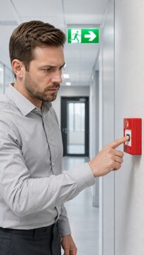 Worried man pressing fire alarm button in office corridor beneath emergency exit sign. Workplace evacuation and fire safety preparedness concept for emergency planning. Vertical