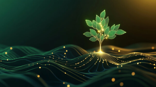Glowing digital ecological tree representing future technology and green nature