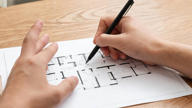 A person uses a pen to review an architectural floor plan placed on a wooden table.
