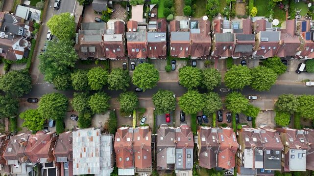 Top down view of a west London residential street lined with mature trees and parked cars between rows of tiled rooftops
