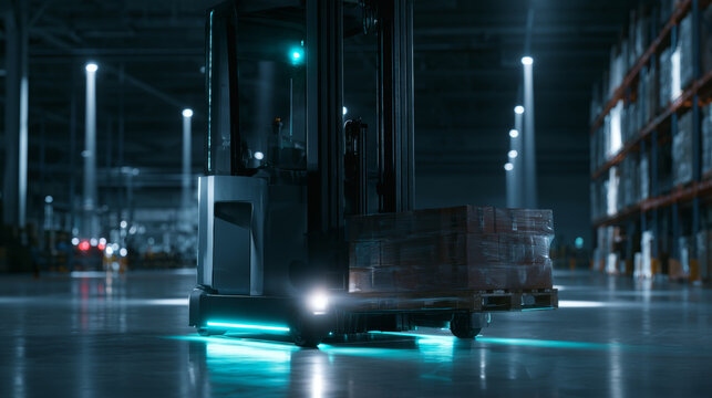 Futuristic warehouse forklift carrying cargo pallets under modern blue smart lighting