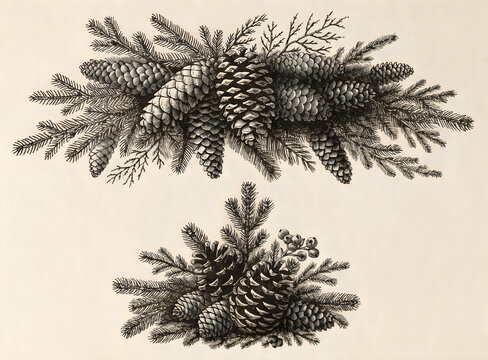 Vintage style pine cones and evergreen branches illustration set for holidays