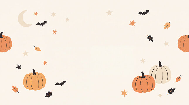 Playful Halloween pumpkin and bat pattern with star and moon on orange background for festive autumn banners and cards.